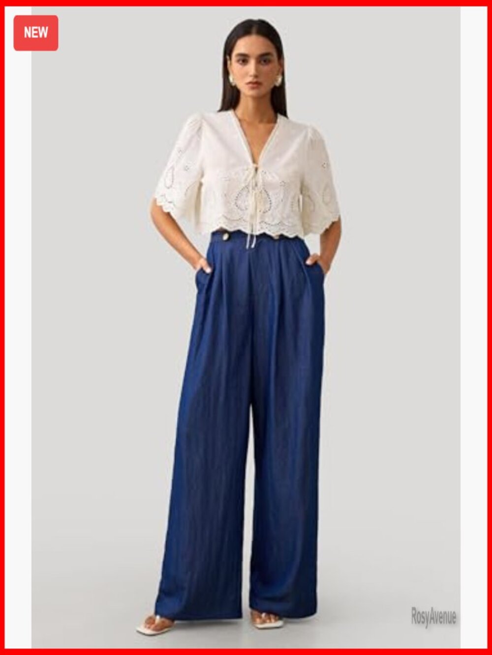 Short Sleeve Eyelet Blouse Tie Front Puff Sleeve V Neck Cropped Top - Picture 4 of 6